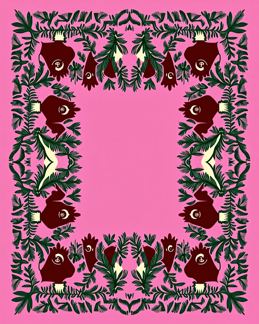 Dark Pink Green Floral Creature Border Rug