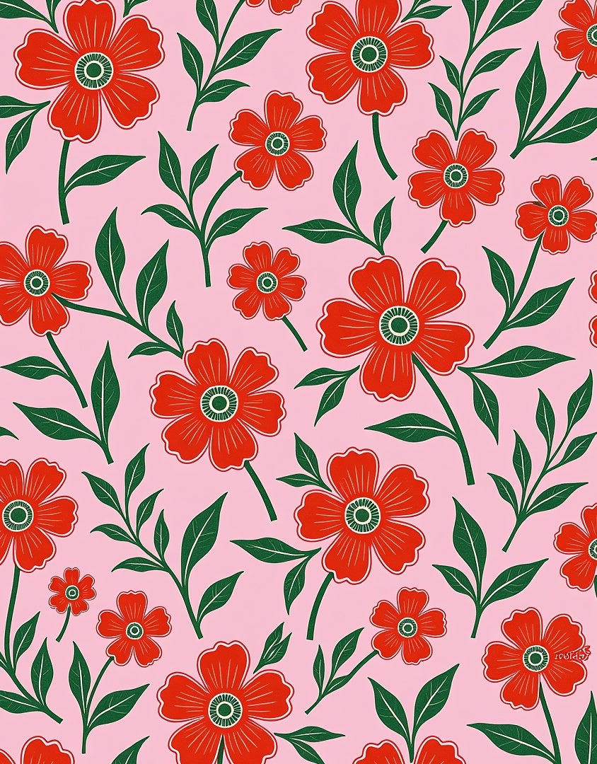 Red Floral Branches Pink Background Rug
