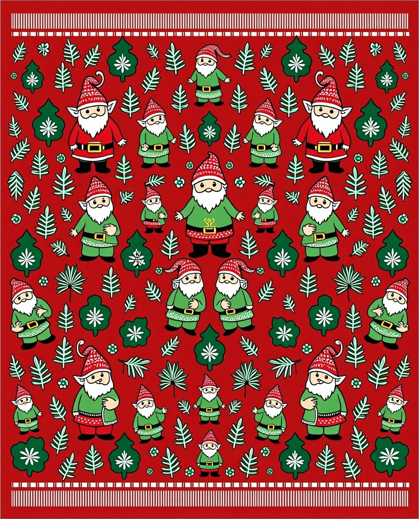 Red Festive Gnome Woodland Scene Rug