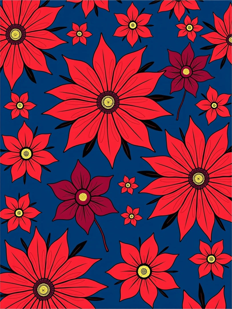 Bright Red Floral Collage Navy Rug