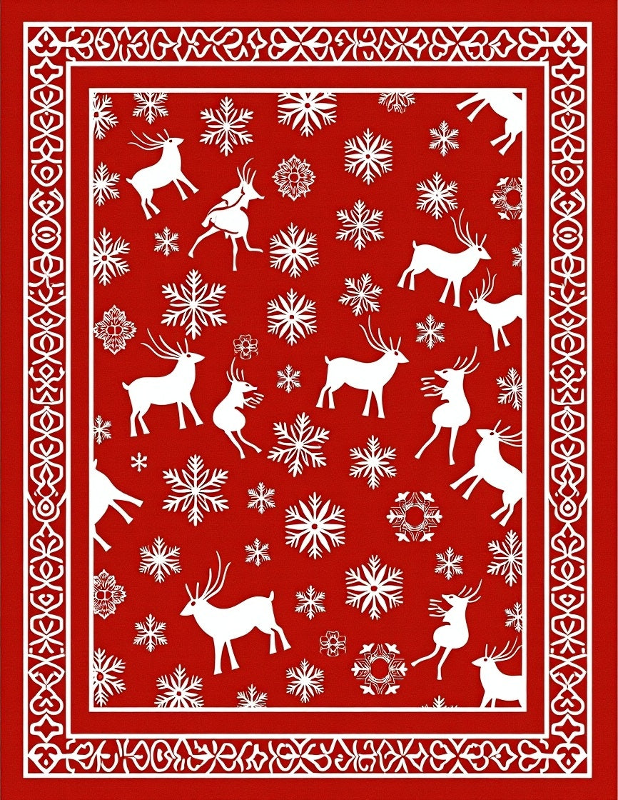 Red White Reindeer Snowflake Border Rug