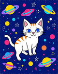 Whimsical Cat Cosmic Planets Bright Colors Rug