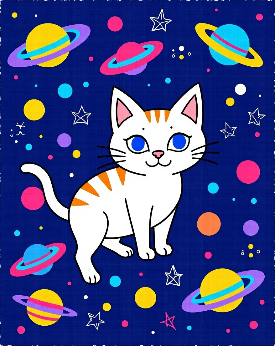 Whimsical Cat Cosmic Planets Bright Colors Rug