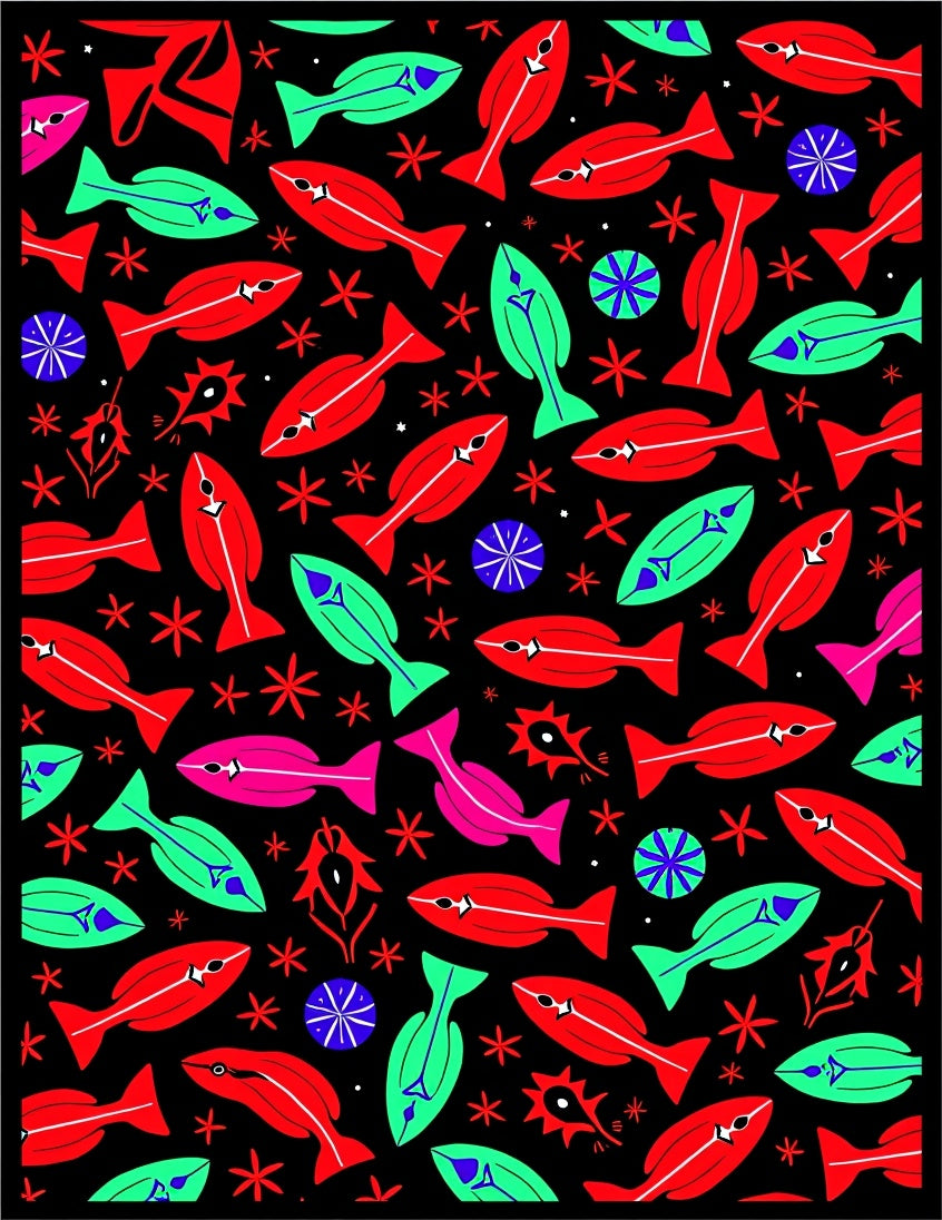 Whimsical Red Green Fish Collection Rug