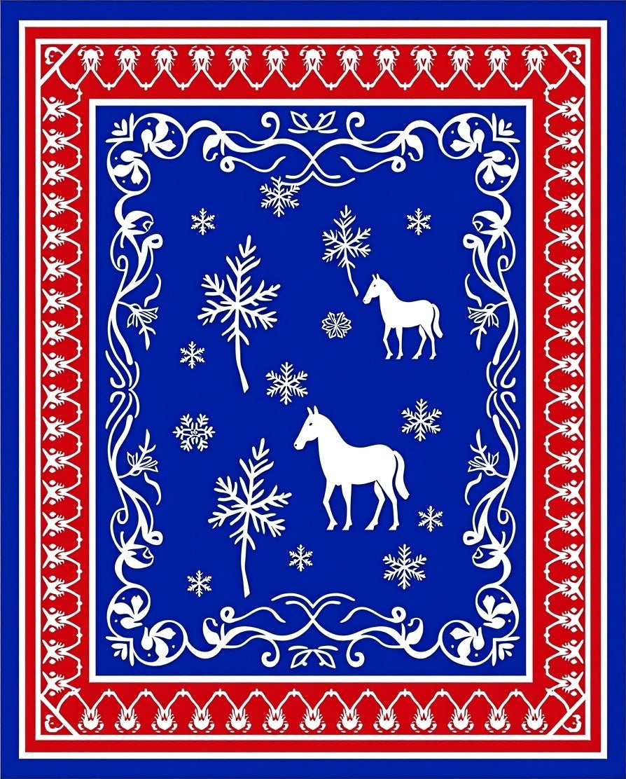 Red White Blue Horse Snowflakes Medallion Rug