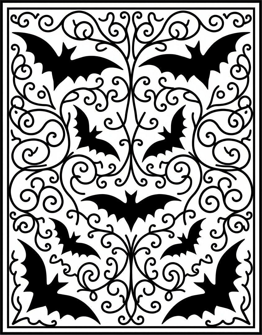 Black Flying Bats Swirling Vine Design Rug