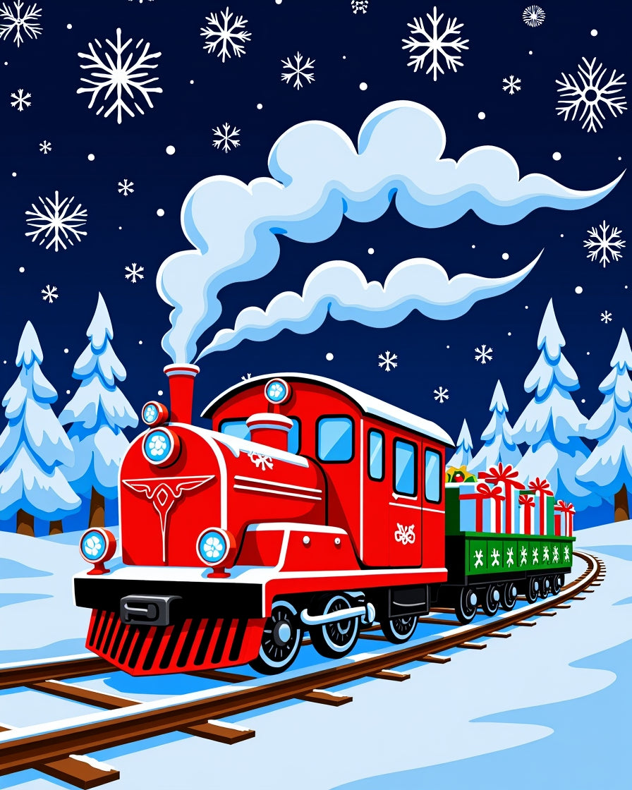 Red Christmas Train Snowy Night Rug