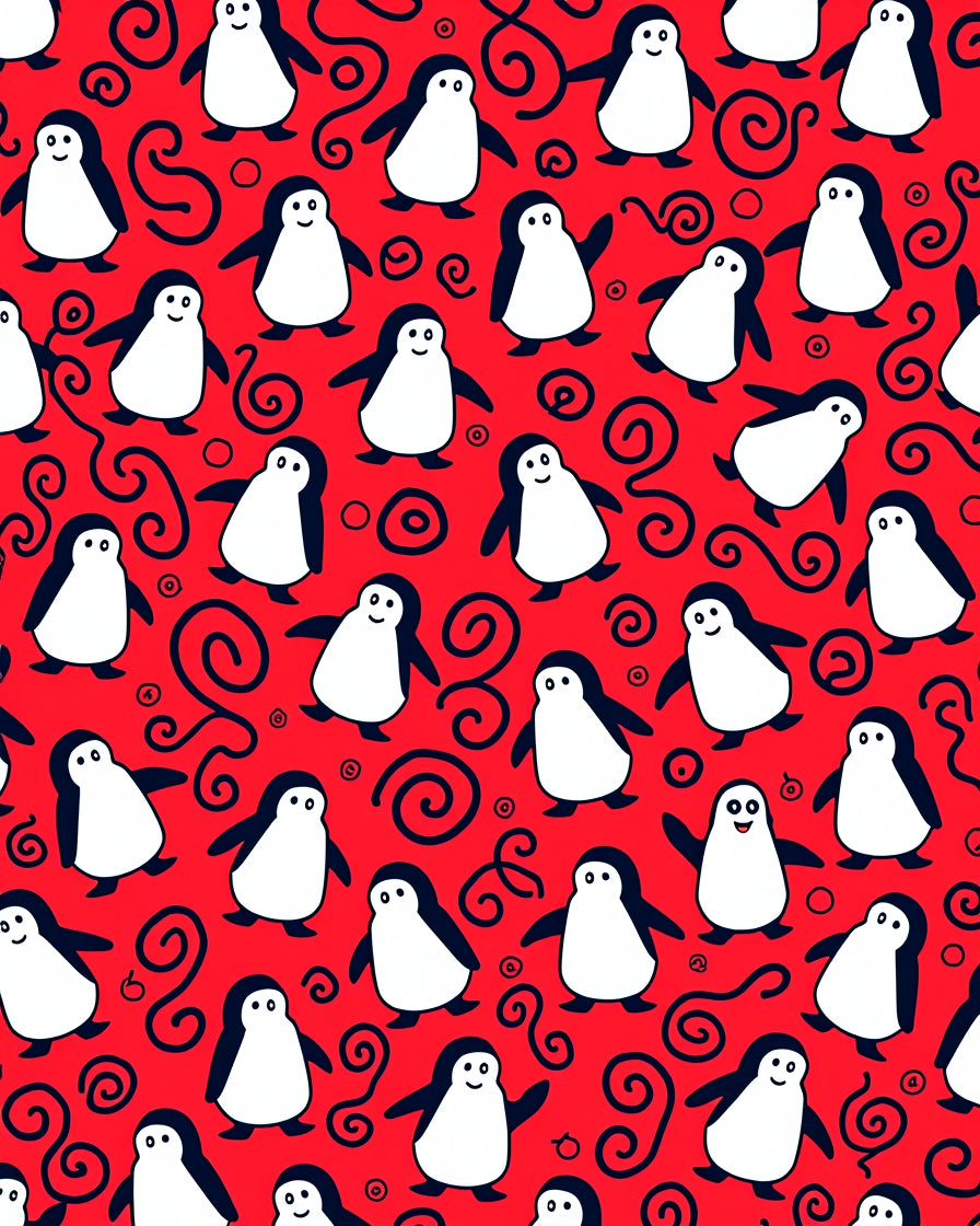 Playful Red Penguin Swirls Rug