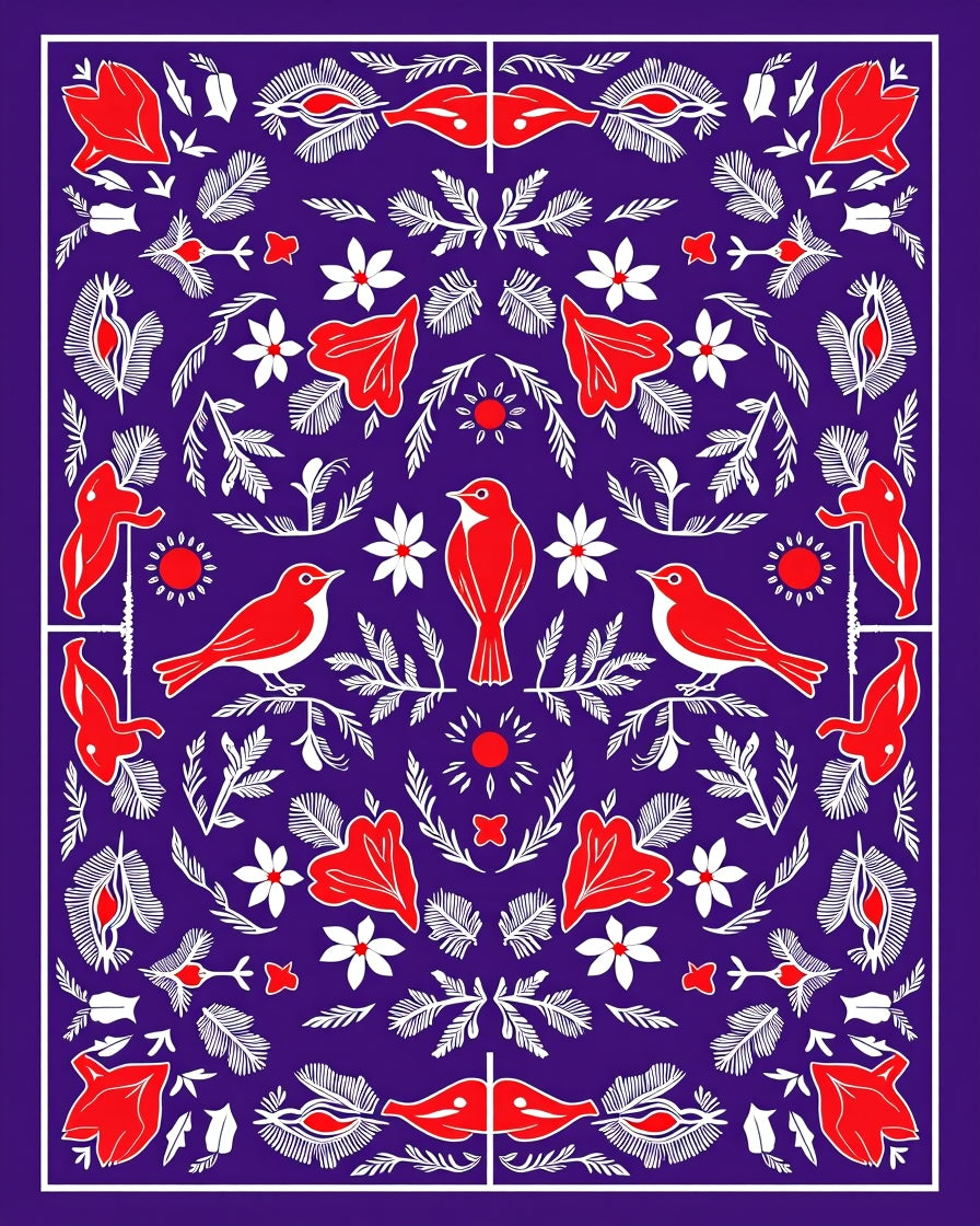 Red Birds and Flowers on Purple Ground Rug
