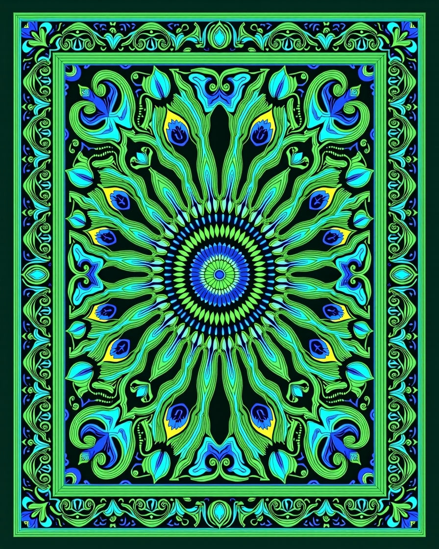 Vibrant Peacock Feather Medallion Rug