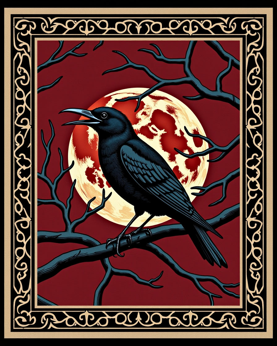 Mysterious Black Crow Red Moon Branches Rug