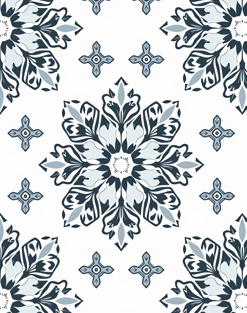 Navy Blue White Floral Medallion Rug