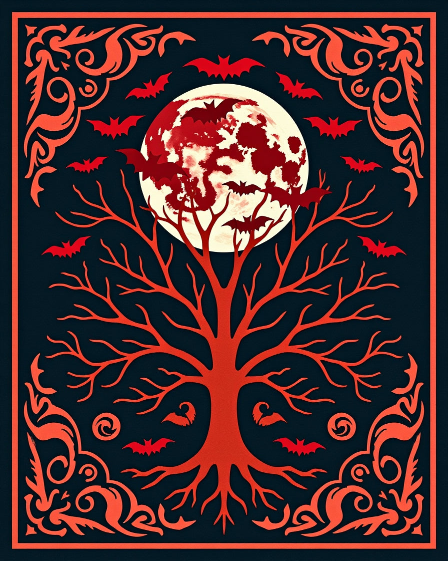 Crimson Bat Tree Moon Border Rug