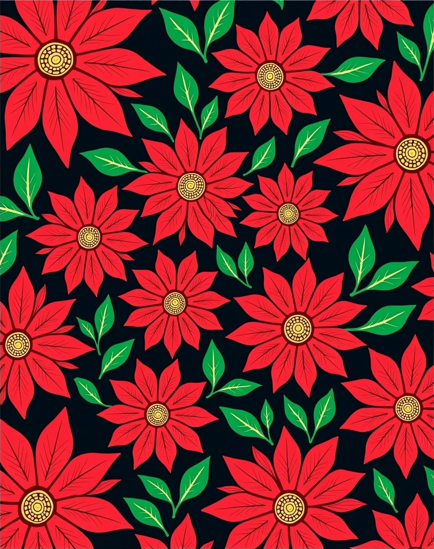 Crimson Red Floral Burst With Green Leaves Rug