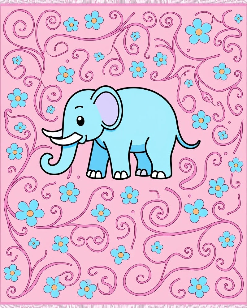Cute Blue Elephant Pink Floral Swirl Rug