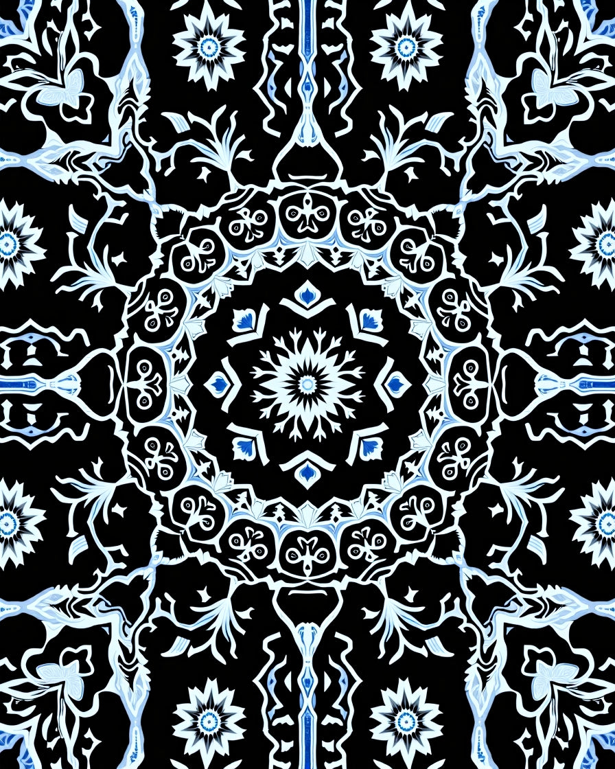 Black White Blue Mandala Floral Rug