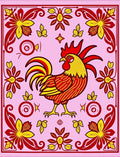Folk Rooster Red Yellow Floral Border Rug