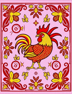 Folk Rooster Red Yellow Floral Border Rug
