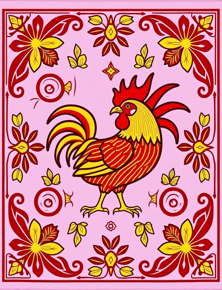 Folk Rooster Red Yellow Floral Border Rug