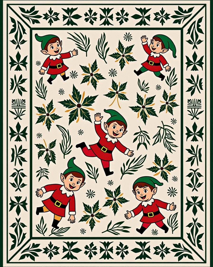 Festive Elves Red Green Cream Border Rug