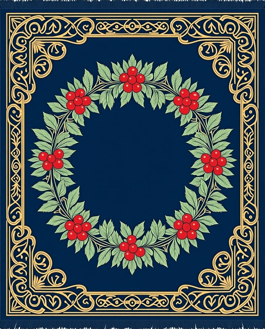 Navy Blue Cherry Blossom Laurel Wreath Rug