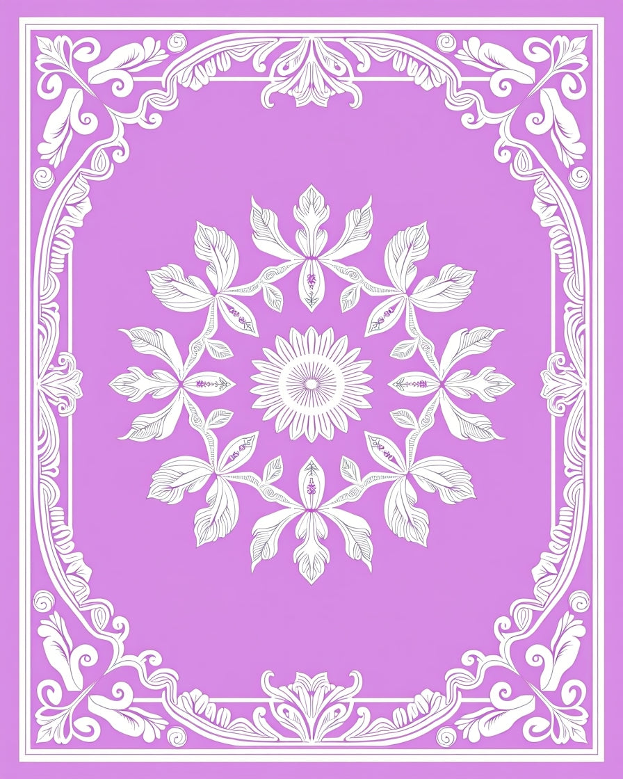 Ornate Lilac Floral Medallion Frame Rug