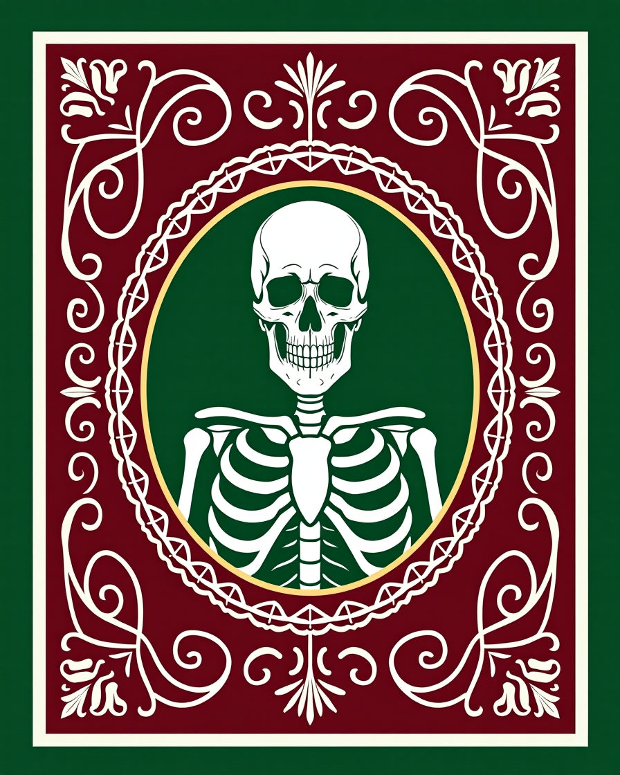 Skeleton Portrait Medallion Burgundy Green Rug