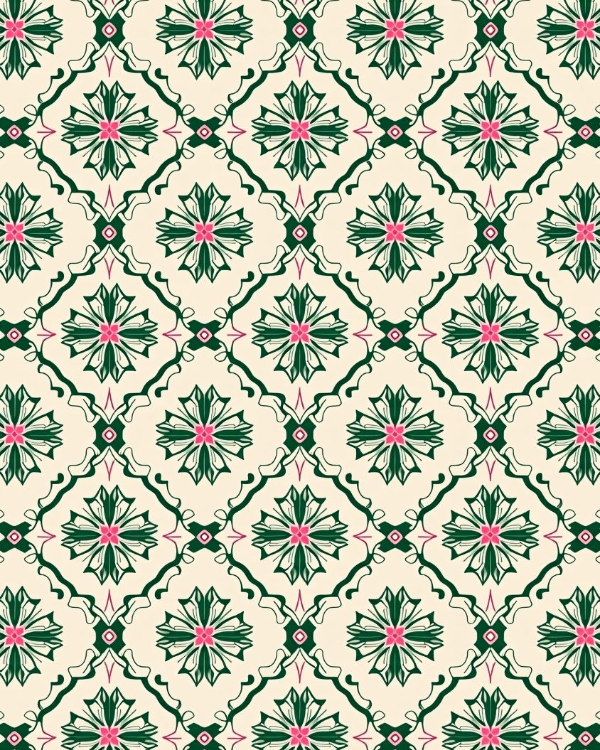 Cream Green Pink Floral Medallion Rug