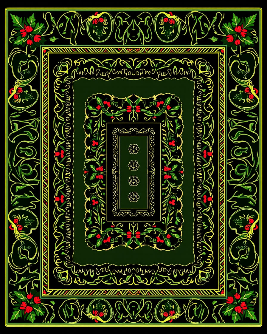 Ornate Green Floral Vine Medallion Rug