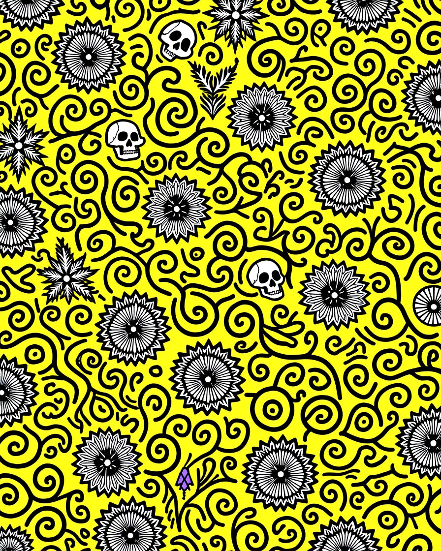 Yellow Black Skull Floral Swirl Rug