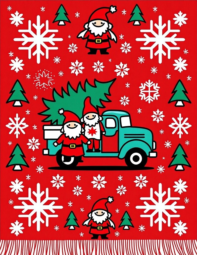 Red Gnomes Truck Christmas Trees Snowflakes Rug