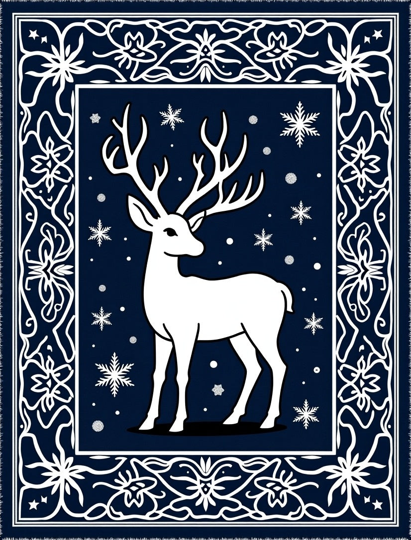 White Stag Winter Snowflakes Border Rug
