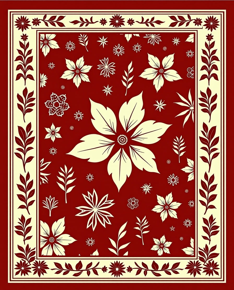 Deep Red Cream Floral Garden Medallion Rug