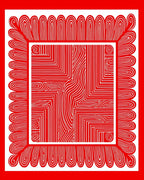 Bold Red Scalloped Border Abstract Rug