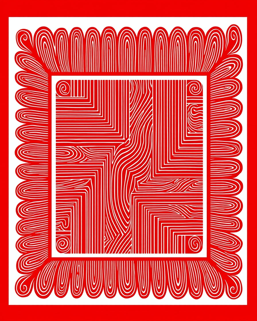 Bold Red Scalloped Border Abstract Rug