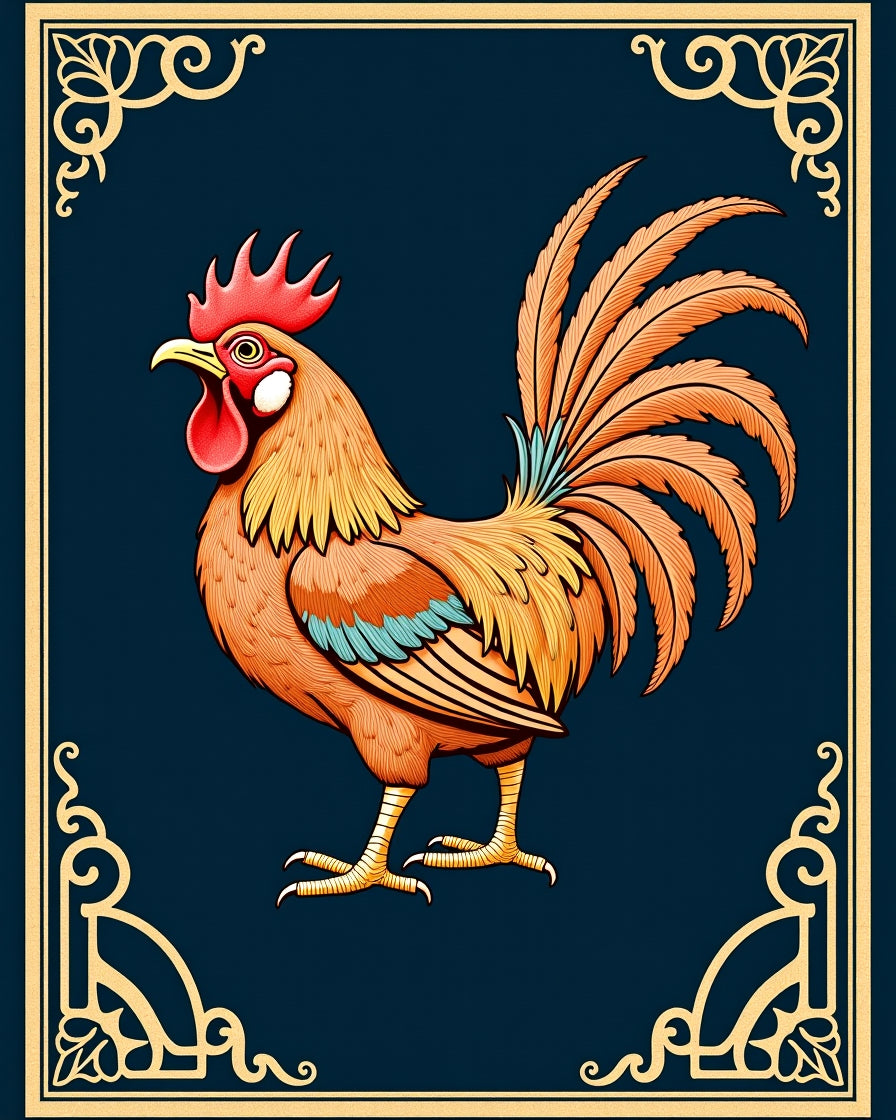 Golden Rooster Dark Blue Frame Rug