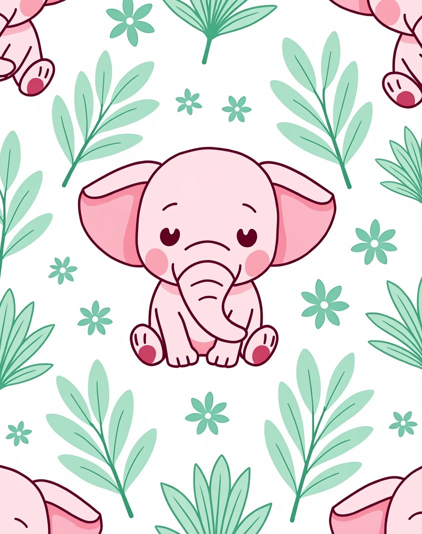 Sweet Pink Baby Elephant Jungle Foliage Rug