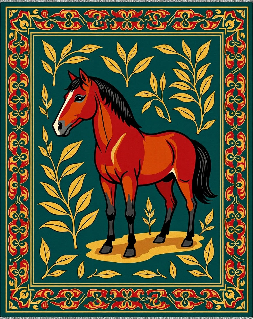 Red Horse Golden Foliage Teal Border Rug