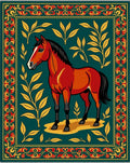 Red Horse Golden Foliage Teal Border Rug