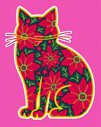 Vibrant Red Floral Cat Folk Art Rug