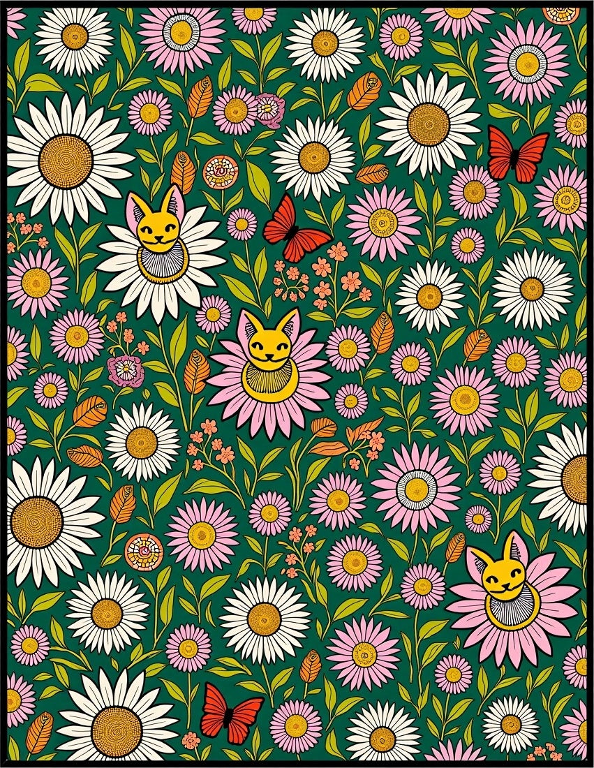 Whimsical Floral Cat Butterfly Meadow Rug