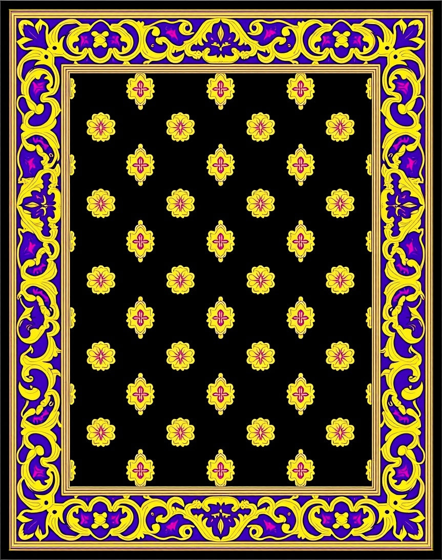 Ornate Yellow Floral Black Medallion Rug