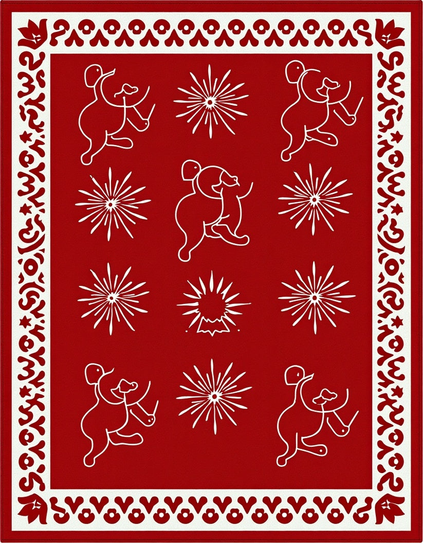 Red And White Whimsical Figures Fireworks Rug