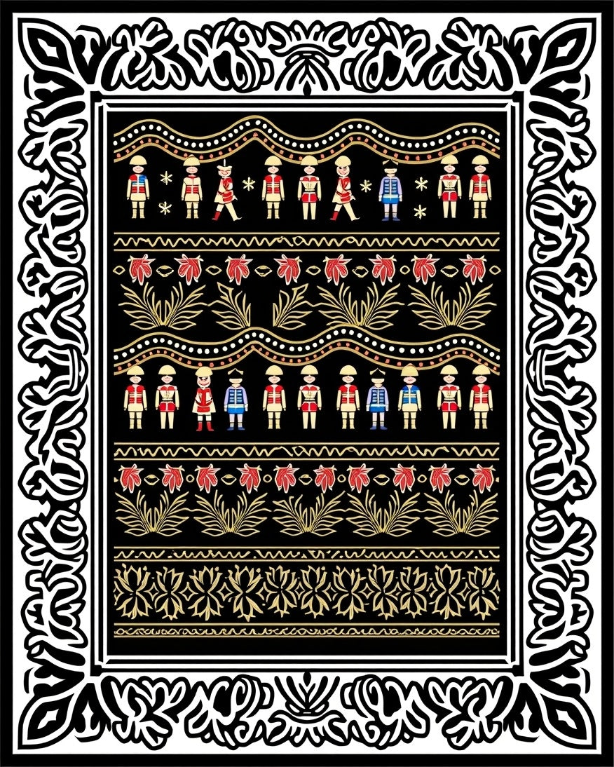 Folk Art Red Soldiers Repeating Border Rug