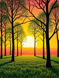 Sunset forest meadow green grass trees Rug