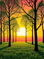 Sunset forest meadow green grass trees Rug