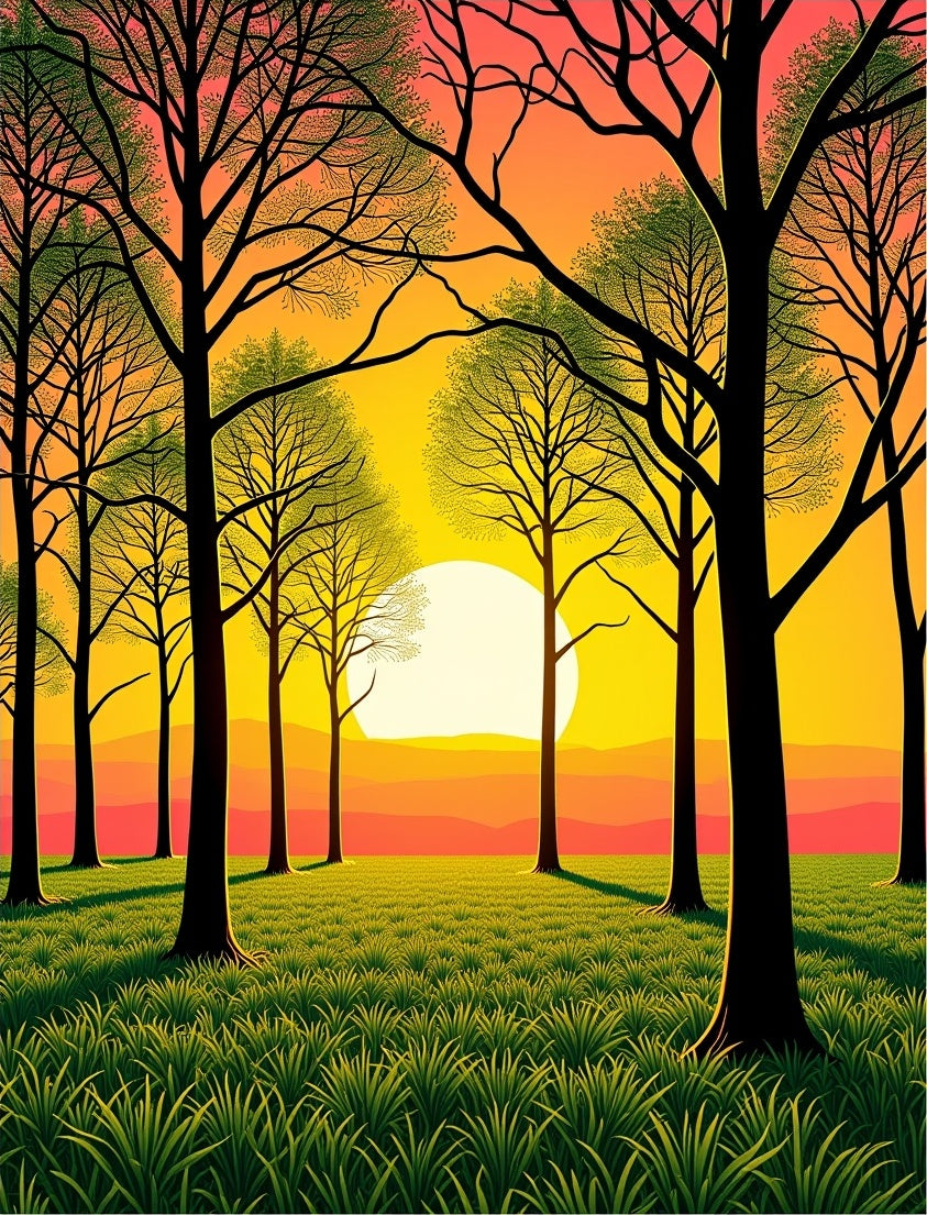 Sunset forest meadow green grass trees Rug