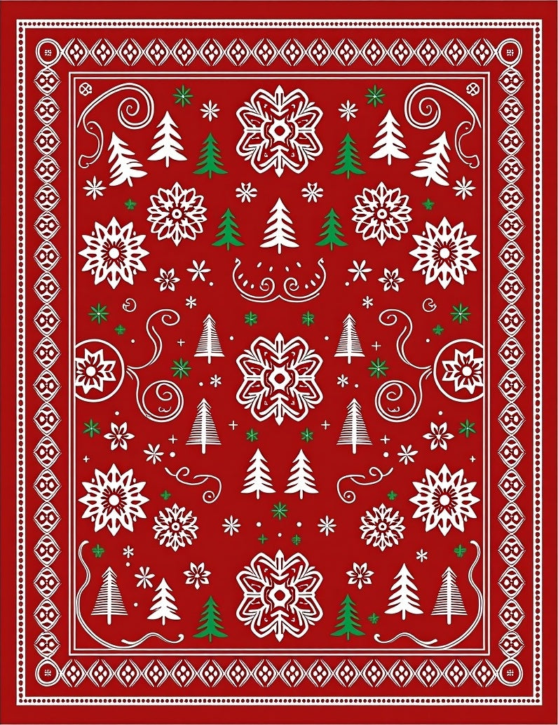 Festive Red White Evergreen Snowflakes Rug