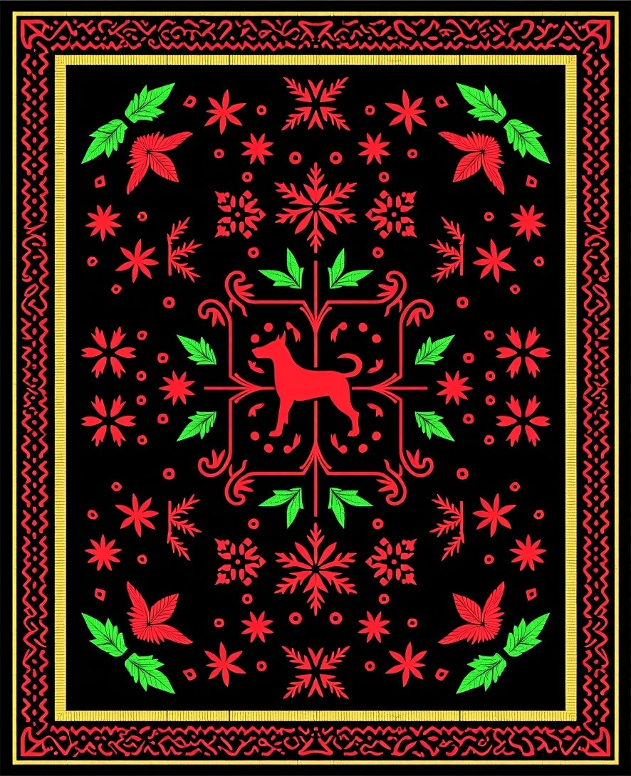 Red Dog Green Leaf Black Floral Rug