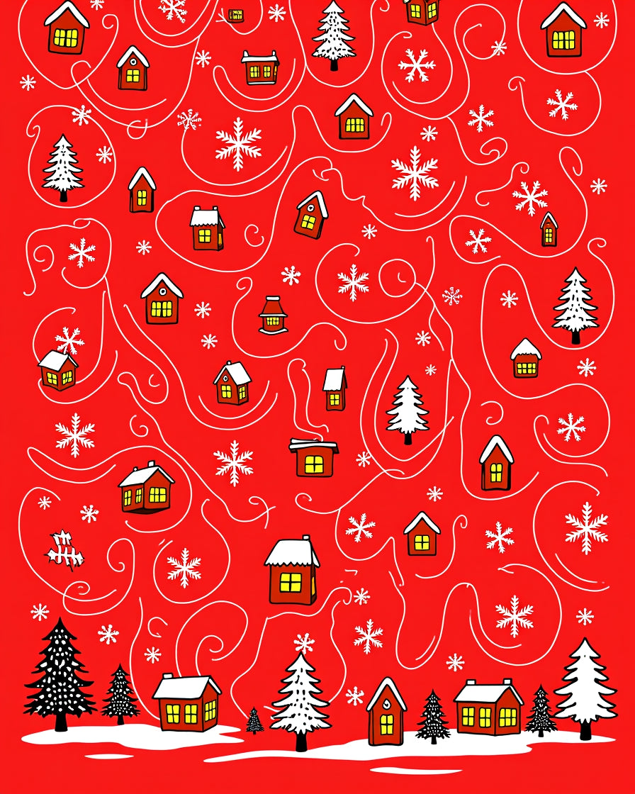 Winter Houses Snowflakes Whimsical Scene Rug